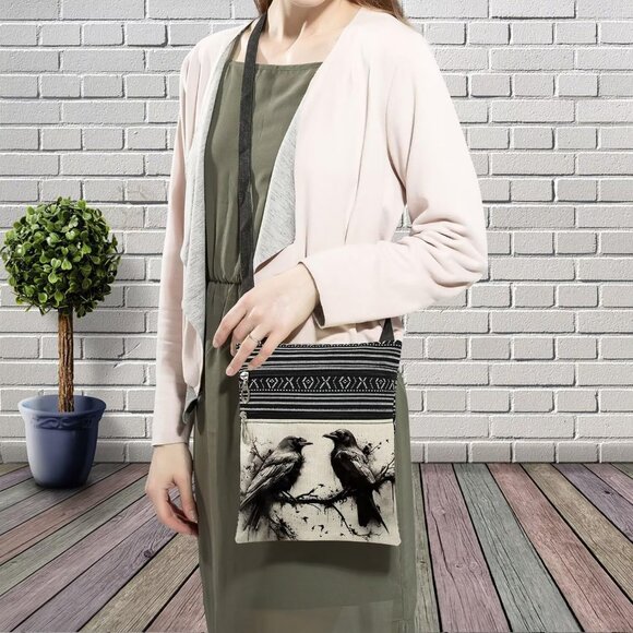 Ink Crow Messenger Bag Small Ethnic Pattern Printed Adjustable Strap Crossbody Z - Picture 3 of 7